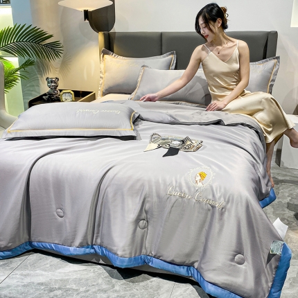 91家纺网 家纺一手货源 找家纺 苏米娜2023A类水洗天丝真丝刺绣凉感夏被四件套双层纱水洗棉麻棉花夏被 居里夫人--奶油粉