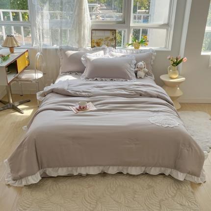 91家纺网 家纺一手货源 找家纺 十里居 2023新款水洗棉麻蕾丝韩版床裙夏被四件套 都市灰