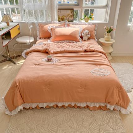 91家纺网 家纺一手货源 找家纺 十里居 2023新款水洗棉麻蕾丝韩版床裙夏被四件套 夕阳橙