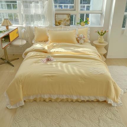 91家纺网 家纺一手货源 找家纺 十里居 2023新款水洗棉麻蕾丝韩版床裙夏被四件套 阳光黄
