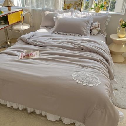 十里居 2023新款水洗棉麻蕾丝韩版床裙夏被四件套 都市灰