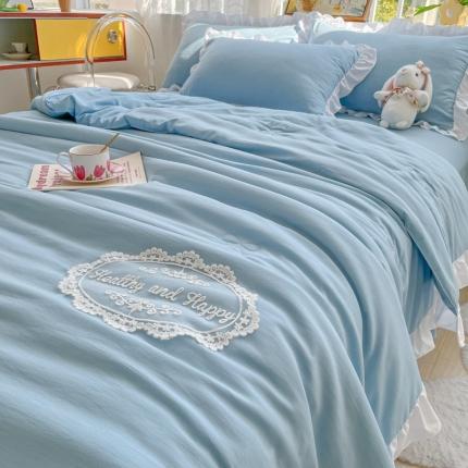 十里居 2023新款水洗棉麻蕾丝韩版床裙夏被四件套 海盐蓝