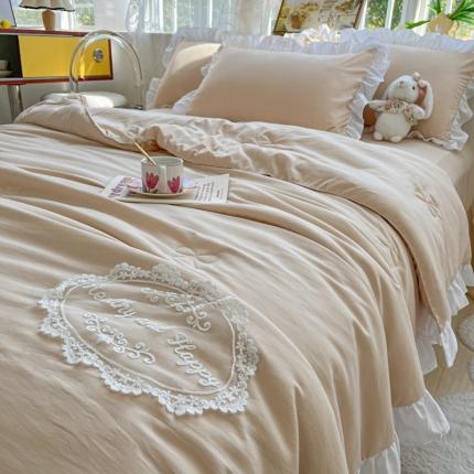 十里居 2023新款水洗棉麻蕾丝韩版床裙夏被四件套 奶油杏