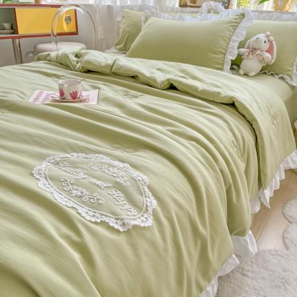 十里居 2023新款水洗棉麻蕾丝韩版床裙夏被四件套 青草绿