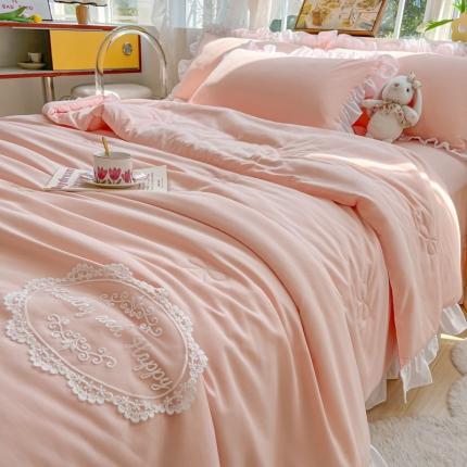 十里居 2023新款水洗棉麻蕾丝韩版床裙夏被四件套 仙子粉