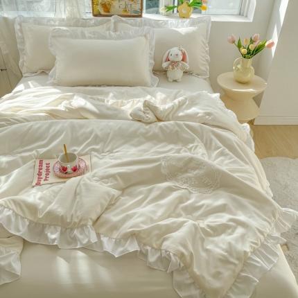 十里居 2023新款水洗棉麻蕾丝韩版床裙夏被四件套 珍珠白