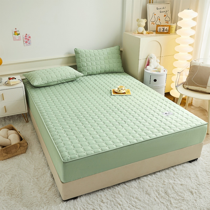 91家纺网 家纺一手货源 找家纺 给笠 2024新款全棉方格大豆夹棉床笠 全棉方格-薄荷绿