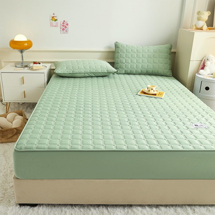 91家纺网 家纺一手货源 找家纺 给笠 2024新款全棉方格大豆夹棉床笠 全棉方格-薄荷绿