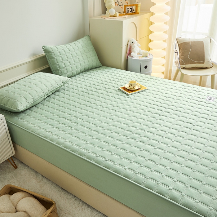 91家纺网 家纺一手货源 找家纺 给笠 2024新款全棉方格大豆夹棉床笠 全棉方格-薄荷绿