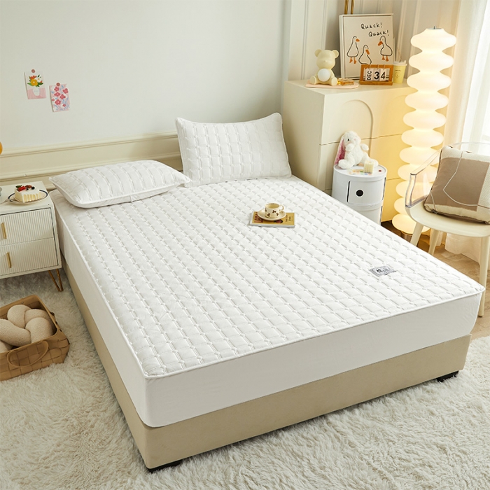 91家纺网 家纺一手货源 找家纺 给笠 2024新款全棉方格大豆夹棉床笠 全棉方格-淡雅白