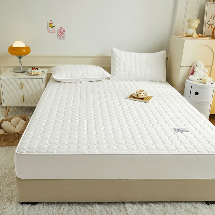 91家纺网 家纺一手货源 找家纺 给笠 2024新款全棉方格大豆夹棉床笠 全棉方格-淡雅白