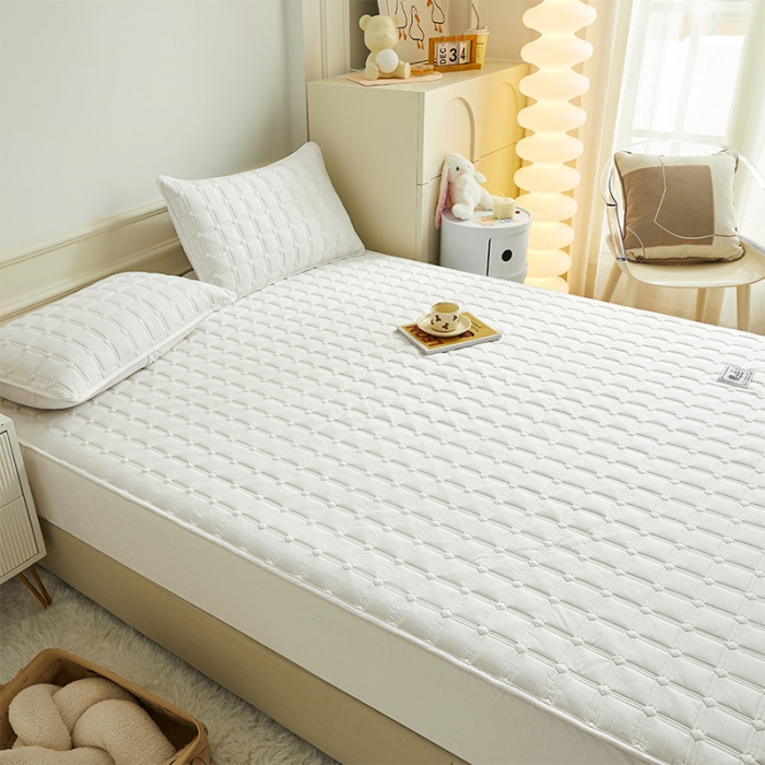 91家纺网 家纺一手货源 找家纺 给笠 2024新款全棉方格大豆夹棉床笠 全棉方格-淡雅白