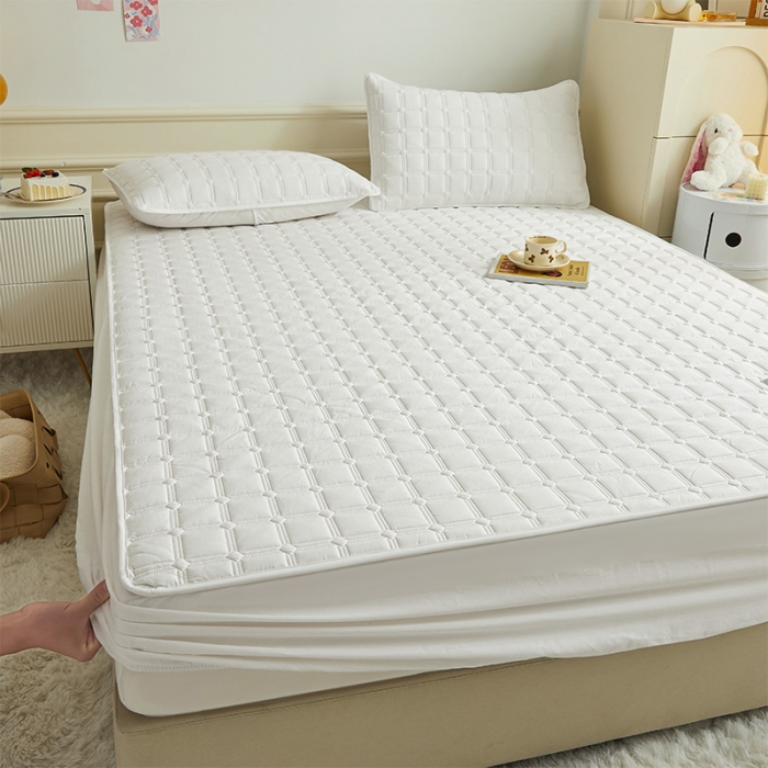 91家纺网 家纺一手货源 找家纺 给笠 2024新款全棉方格大豆夹棉床笠 全棉方格-淡雅白