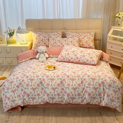 妖妖家纺2023新款水洗棉麻四件套 粉桃