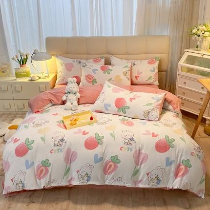 妖妖家纺2023新款水洗棉麻四件套 可爱桃