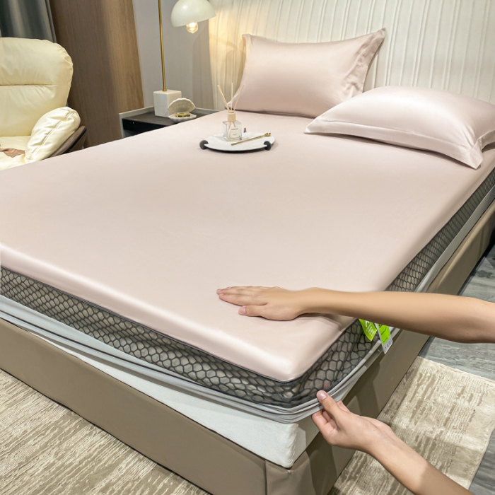 91家纺网 家纺一手货源 找家纺 A类透气50支贡缎高支床笠三件套单件纯棉床罩床垫防滑保护罩 路易斯-粉末白