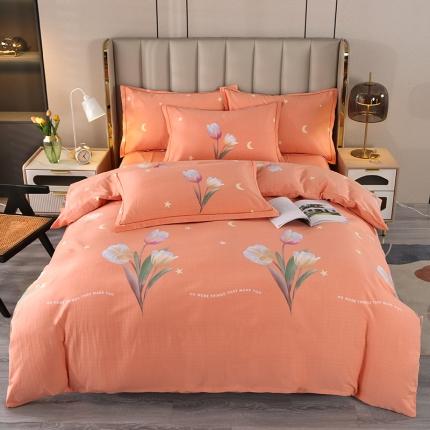 91家纺网 家纺一手货源 找家纺 橘姿 2023升级喷气全棉磨毛四件套纯棉四件套加厚直播 郁金花香桔