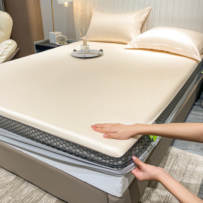 91家纺网 家纺一手货源 找家纺 A类透气50支贡缎高支床笠三件套单件纯棉床罩床垫防滑保护罩 路易斯-奶昔白