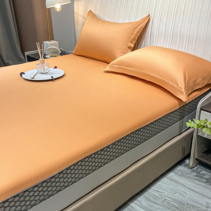 91家纺网 家纺一手货源 找家纺 A类透气50支贡缎高支床笠三件套单件纯棉床罩床垫防滑保护罩 路易斯-南瓜橘