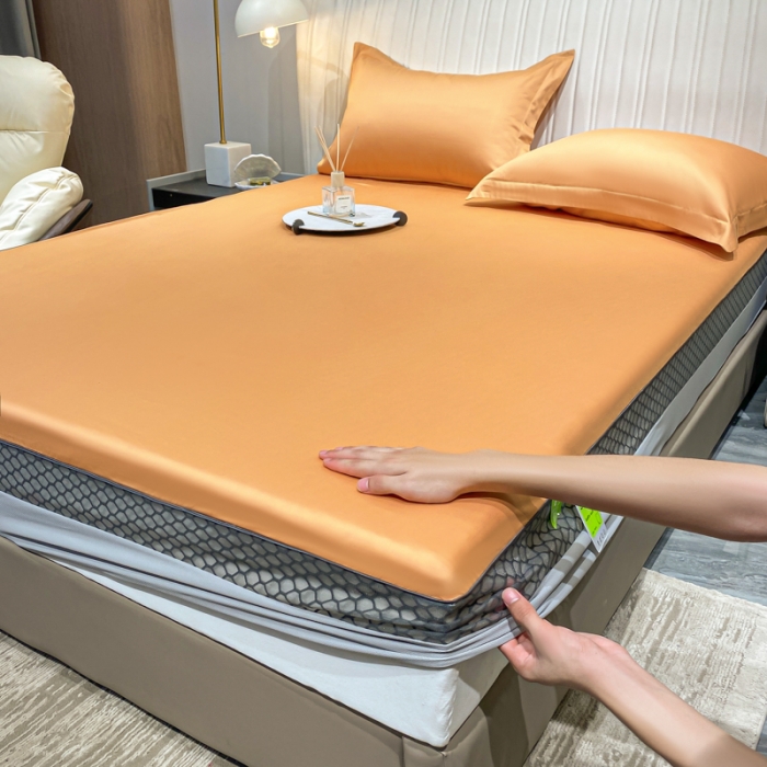 91家纺网 家纺一手货源 找家纺 A类透气50支贡缎高支床笠三件套单件纯棉床罩床垫防滑保护罩 路易斯-南瓜橘