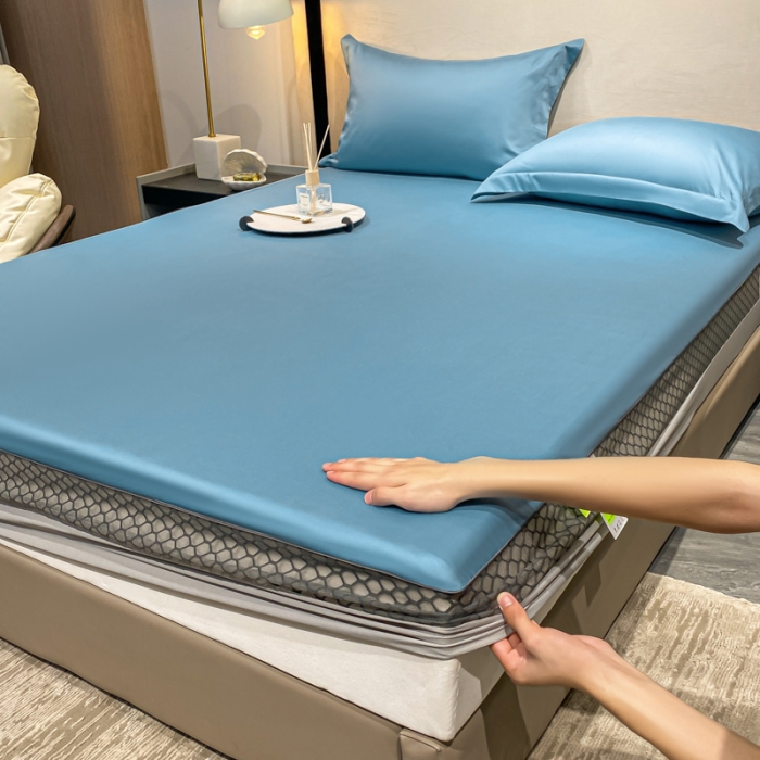 91家纺网 家纺一手货源 找家纺 A类透气50支贡缎高支床笠三件套单件纯棉床罩床垫防滑保护罩 路易斯-雾霾蓝
