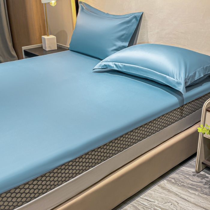 91家纺网 家纺一手货源 找家纺 A类透气50支贡缎高支床笠三件套单件纯棉床罩床垫防滑保护罩 路易斯-雾霾蓝