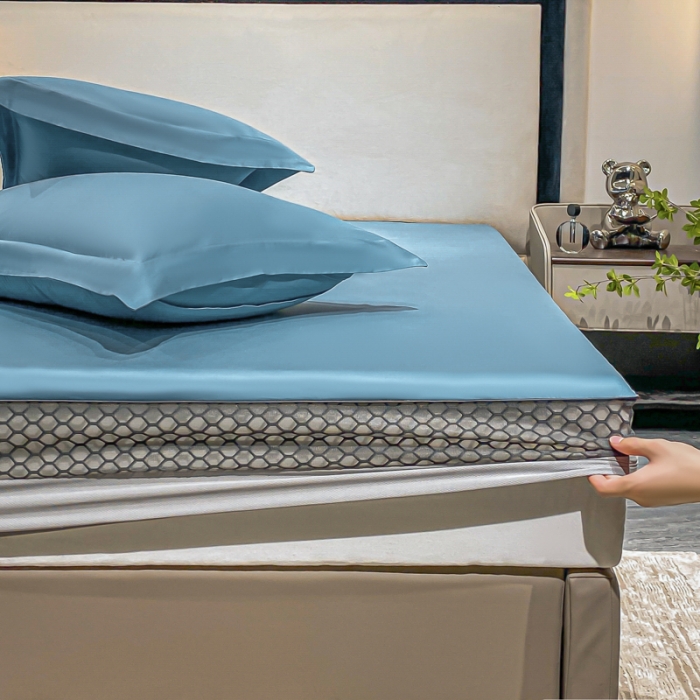 91家纺网 家纺一手货源 找家纺 A类透气50支贡缎高支床笠三件套单件纯棉床罩床垫防滑保护罩 路易斯-雾霾蓝