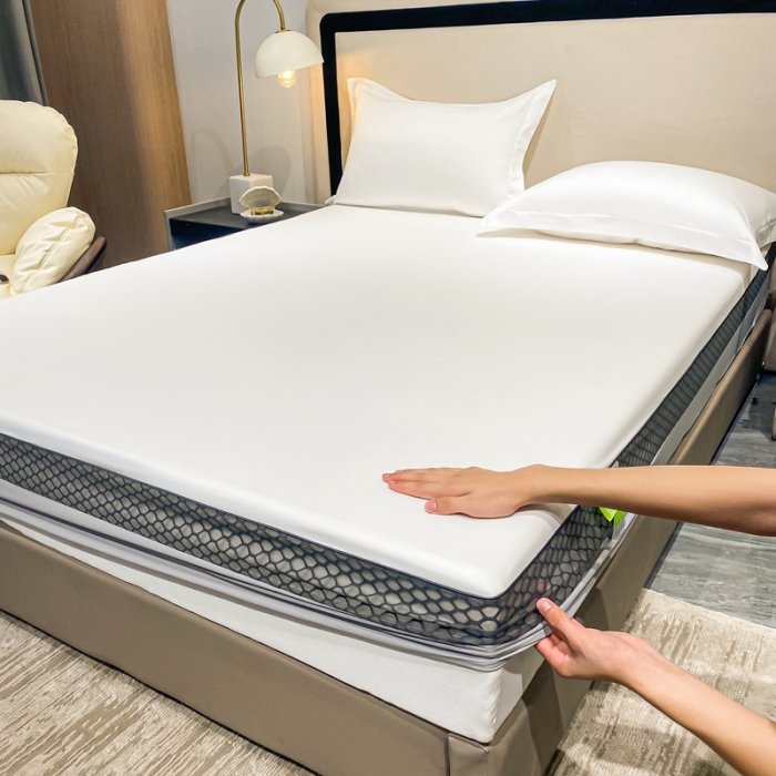 91家纺网 家纺一手货源 找家纺 A类透气50支贡缎高支床笠三件套单件纯棉床罩床垫防滑保护罩 路易斯-雪月白