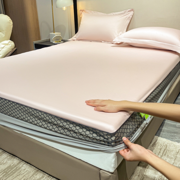 91家纺网 家纺一手货源 找家纺 A类透气50支贡缎高支床笠三件套单件纯棉床罩床垫防滑保护罩 路易斯-玉颜粉