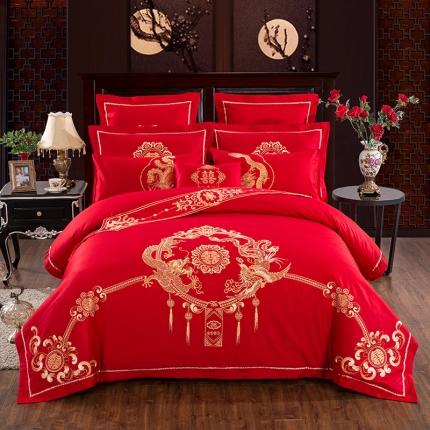 91家纺网 家纺一手货源 找家纺 （总）慕她婚庆四件套大红色大花结婚全棉纯棉刺绣花多件套直播