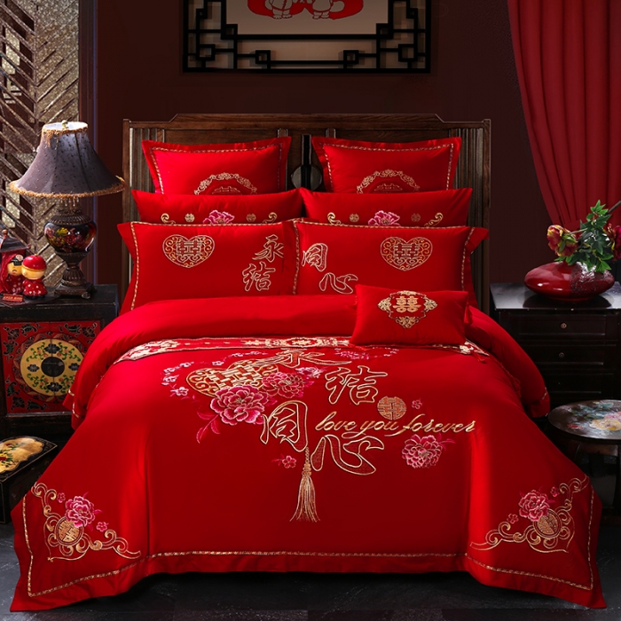 91家纺网 家纺一手货源 找家纺 慕她婚庆四件套大红色大花结婚全棉纯棉刺绣花多件套直播 爱意永恒