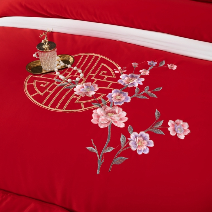 91家纺网 家纺一手货源 找家纺 慕她婚庆四件套大红色大花结婚全棉纯棉刺绣花多件套直播 暗香大红