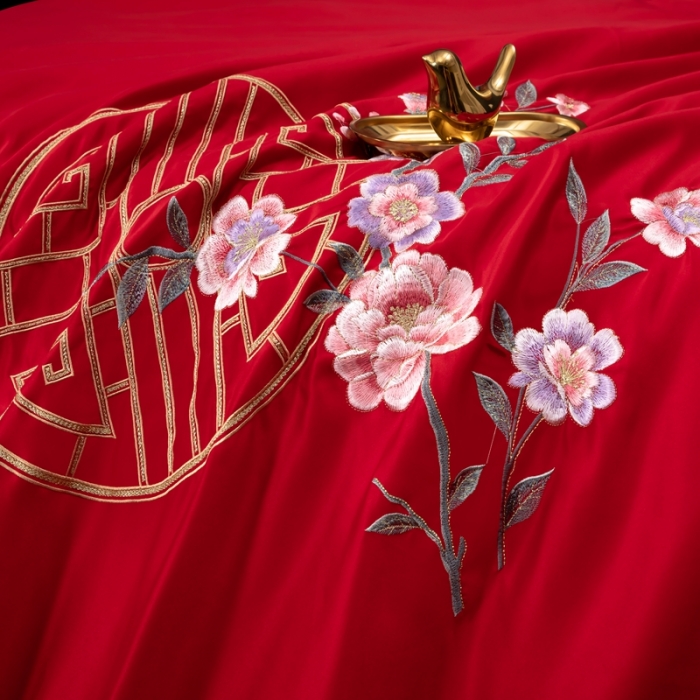 91家纺网 家纺一手货源 找家纺 慕她婚庆四件套大红色大花结婚全棉纯棉刺绣花多件套直播 暗香大红