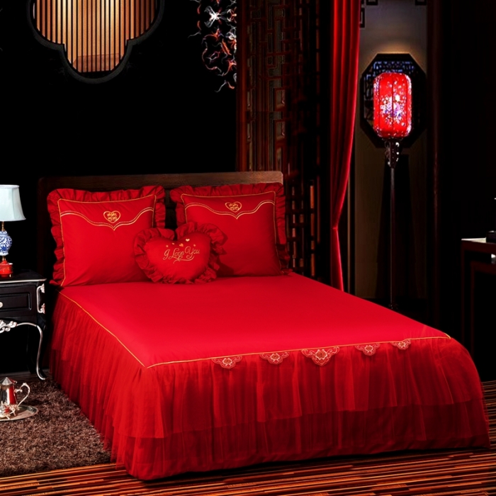 91家纺网 家纺一手货源 找家纺 慕她婚庆四件套大红色大花结婚全棉纯棉刺绣花多件套直播 百子迎亲