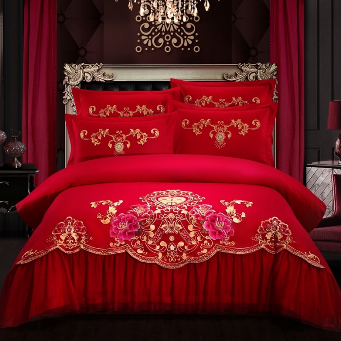 91家纺网 家纺一手货源 找家纺 慕她婚庆四件套大红色大花结婚全棉纯棉刺绣花多件套直播 花蔓喜多大红