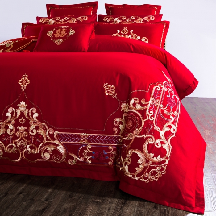 91家纺网 家纺一手货源 找家纺 慕她婚庆四件套大红色大花结婚全棉纯棉刺绣花多件套直播 皇室婚嫁