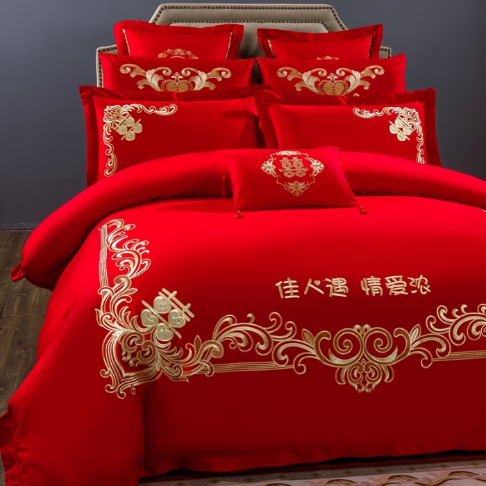 91家纺网 家纺一手货源 找家纺 慕她婚庆四件套大红色大花结婚全棉纯棉刺绣花多件套直播 佳人情浓