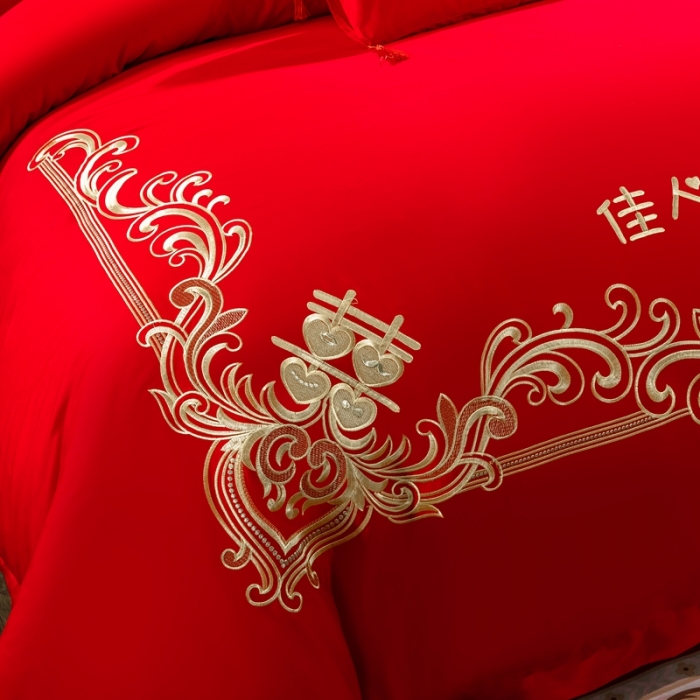 91家纺网 家纺一手货源 找家纺 慕她婚庆四件套大红色大花结婚全棉纯棉刺绣花多件套直播 佳人情浓