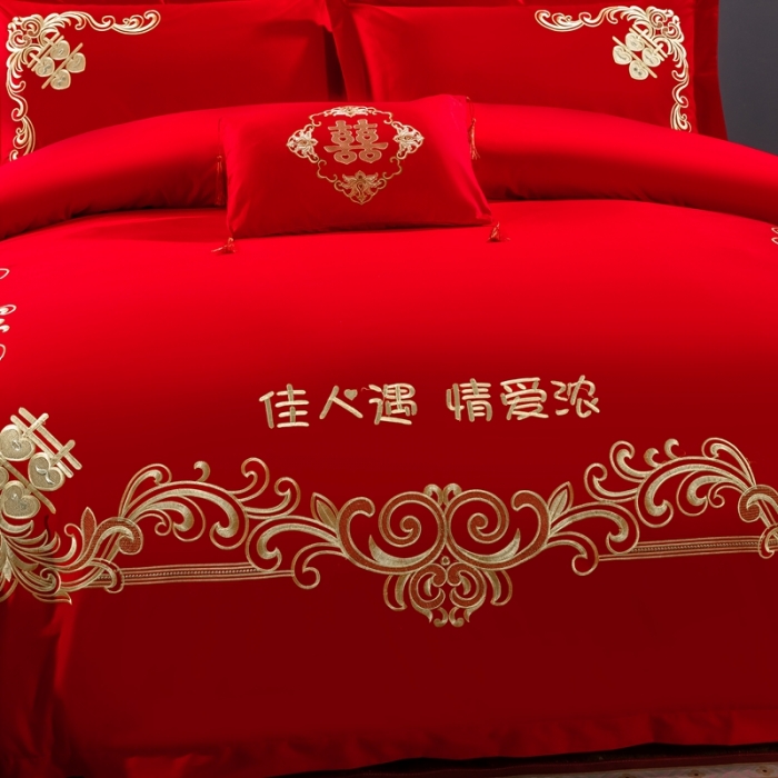 91家纺网 家纺一手货源 找家纺 慕她婚庆四件套大红色大花结婚全棉纯棉刺绣花多件套直播 佳人情浓