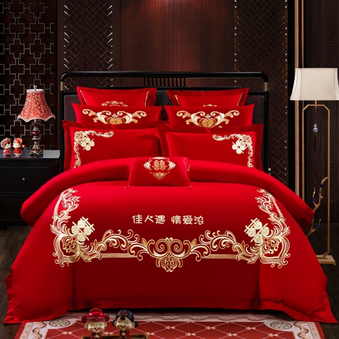 91家纺网 家纺一手货源 找家纺 慕她婚庆四件套大红色大花结婚全棉纯棉刺绣花多件套直播 佳人情浓