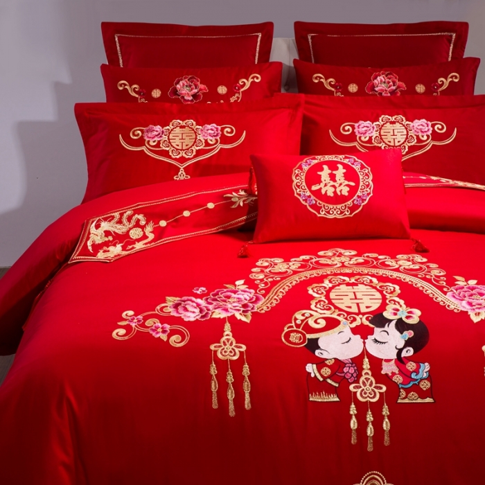 91家纺网 家纺一手货源 找家纺 慕她婚庆四件套大红色大花结婚全棉纯棉刺绣花多件套直播 浪漫爱情
