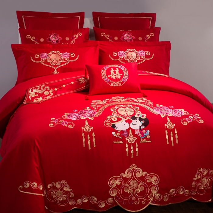 91家纺网 家纺一手货源 找家纺 慕她婚庆四件套大红色大花结婚全棉纯棉刺绣花多件套直播 浪漫爱情