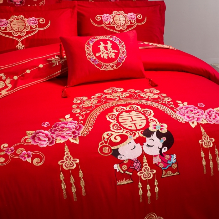 91家纺网 家纺一手货源 找家纺 慕她婚庆四件套大红色大花结婚全棉纯棉刺绣花多件套直播 浪漫爱情