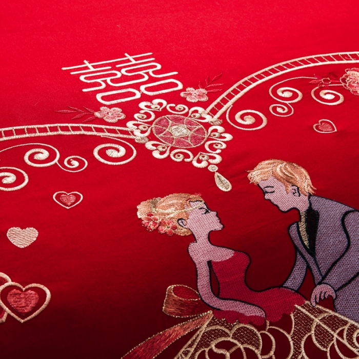 91家纺网 家纺一手货源 找家纺 慕她婚庆四件套大红色大花结婚全棉纯棉刺绣花多件套直播 浪漫婚礼大红