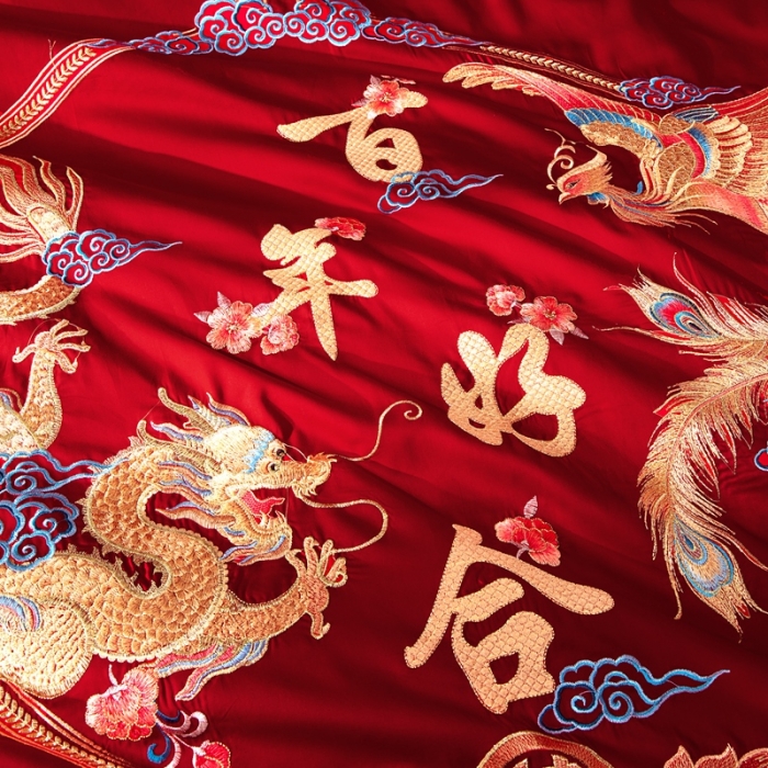 91家纺网 家纺一手货源 找家纺 慕她婚庆四件套大红色大花结婚全棉纯棉刺绣花多件套直播 龙凤百年