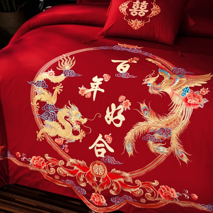 91家纺网 家纺一手货源 找家纺 慕她婚庆四件套大红色大花结婚全棉纯棉刺绣花多件套直播 龙凤百年