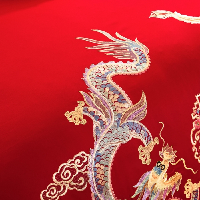 91家纺网 家纺一手货源 找家纺 慕她婚庆四件套大红色大花结婚全棉纯棉刺绣花多件套直播 龙凤成双