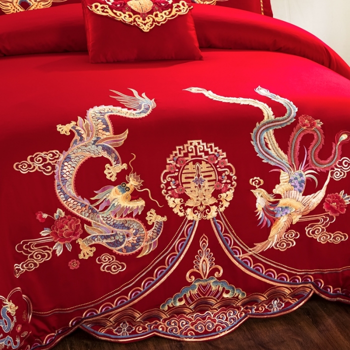 91家纺网 家纺一手货源 找家纺 慕她婚庆四件套大红色大花结婚全棉纯棉刺绣花多件套直播 龙凤成双