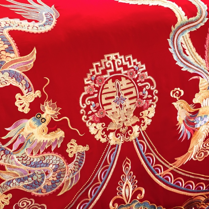 91家纺网 家纺一手货源 找家纺 慕她婚庆四件套大红色大花结婚全棉纯棉刺绣花多件套直播 龙凤成双