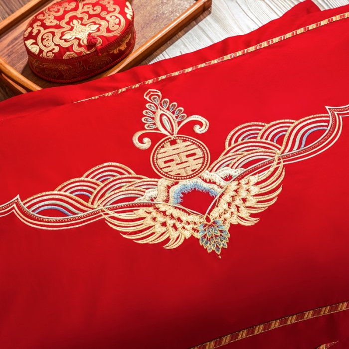 91家纺网 家纺一手货源 找家纺 慕她婚庆四件套大红色大花结婚全棉纯棉刺绣花多件套直播 龙凤成双